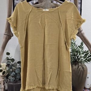 Umgee Mustard Fringed Short Sleeve Top